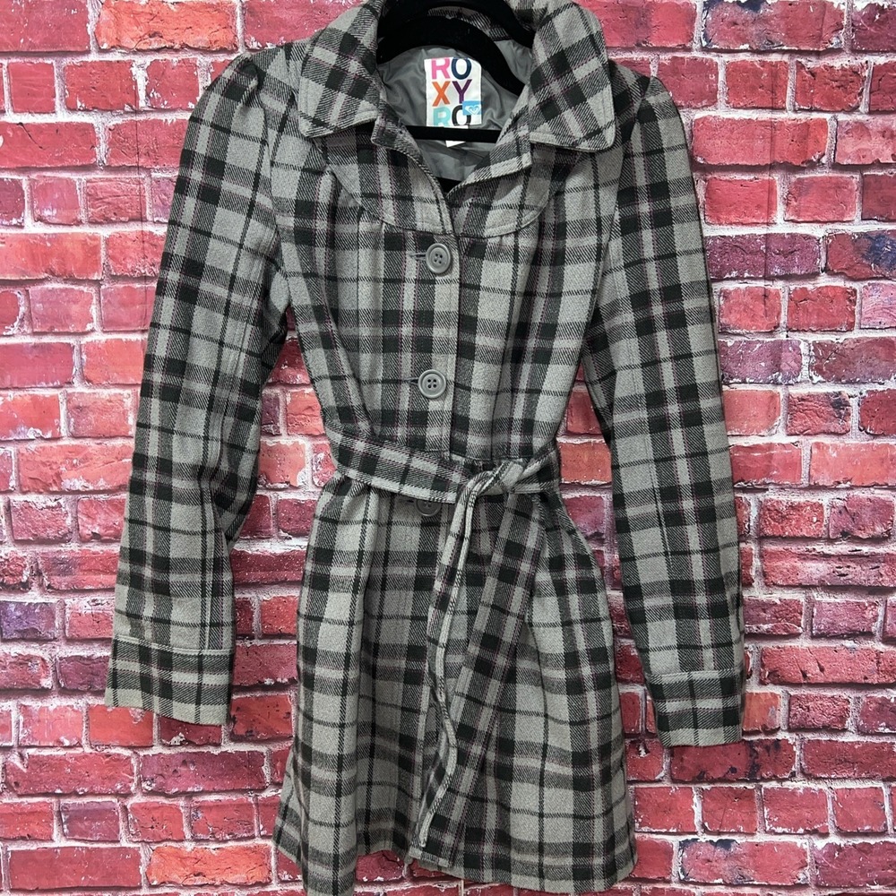 Roxy Plaid Belted Trench‎ Coat Jacket Womens S Grey Pink Button Up Collar